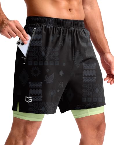 Men's Running Gym Shorts with Compression Liner 7"(Black Totem,L7_2XL)