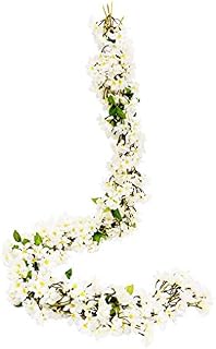 JUSTOYOU 2 Pcs 5.7FT Artificial Sakura Cherry Blossom Flowers Hanging Vine Fake Sakura Garland Fake Oriental Cherry Wreath Home Garden Party Wedding Decor (Cherry White, 2 PCS)