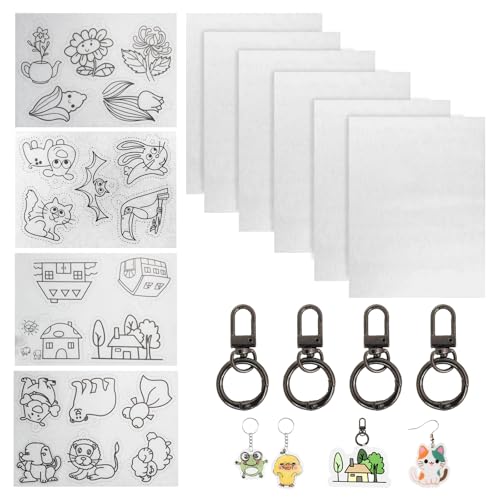 JOVYTH 14 Piezas Plástico Mágico Kit con Diseño, Papel Termoretractil con Llaveros y Anillas, Manualidades Creativas DIY