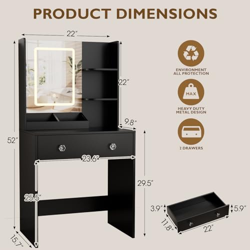 Image of Vanity Desk with Mirror and LED Lights, Modern Small Makeup Vanity Desk with Drawer, 3 Storage Shelves, 24 Inches Make UP Dressing Table with Power Outlet, 3 Adjustable Lights for Bedroom, Black
