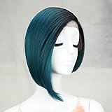 JOEDIR HAIR Bob Lace Front Wigs for Women Asymmetrical Bob Wigs Side Part Bob Lace Wig Ombre Dark Green Blunt Cut Heat Resistant Hair for Daily Use