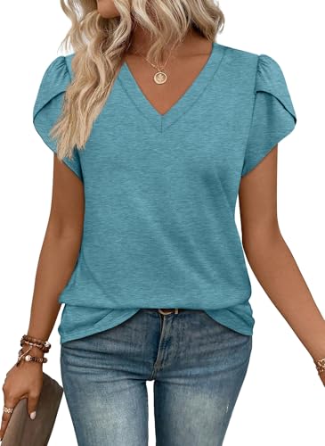 WIHOLL Summer Tops for Women 2025 Fashion Trendy Short Sleeve V Neck Spring Dressy Casual Clothes Green M