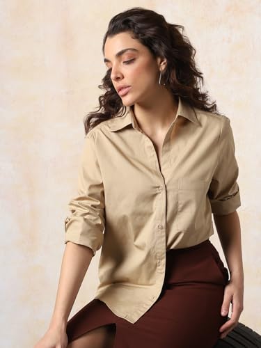 Image of HIGH Star Oversized Solid Cotton Shirt for Women | Stylish Tops for Women | Comfortable and Trendy Casual Shirt