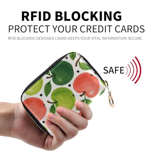 RFID Blocking Credit Card Wallets Leather Wallets for Women Small Zipper Wallet with Coin Pouch Watercolor Green Pink Apples2