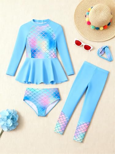Image of GRACE KARIN Girls Long Sleeve Swimsuit Mermaid Bathing Suit Rash Guard Swimwear 4 Piece Size 5-12