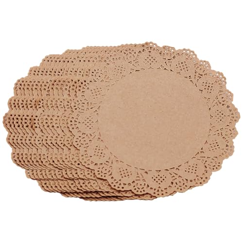 FSSTUD Lot de 100 feuilles de 16,5 cm - Sets de table ronds en papier dentelle - Napperons en papier marron - Napperons de table pour événements formels - Napperons...