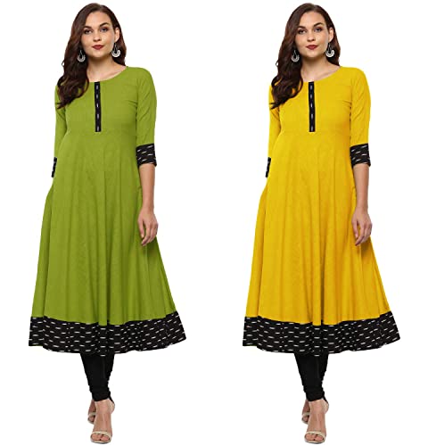 Image of NATEK Plain Cotton Daily Use Anarkali Top Kurtas for Girls Women - Combo Packs of 2 Mehandi, Yellow Colour Large Size