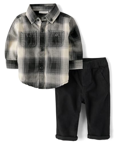 Image of The Children's Place baby-boys And Newborn Long Sleeve Dress Shirt and Pants, 2 Piece Outfit