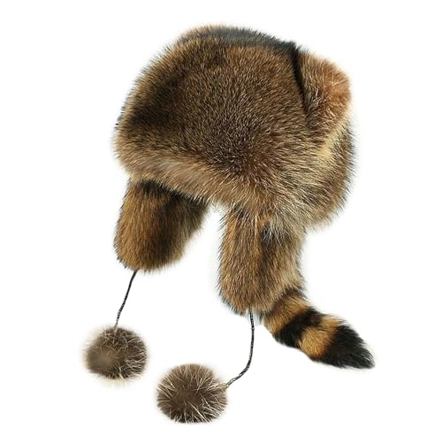 YJKIS Women Faux Fur Raccoon Tail Plush Hat Warm Winter Ear Protection Trapper Hat Brown