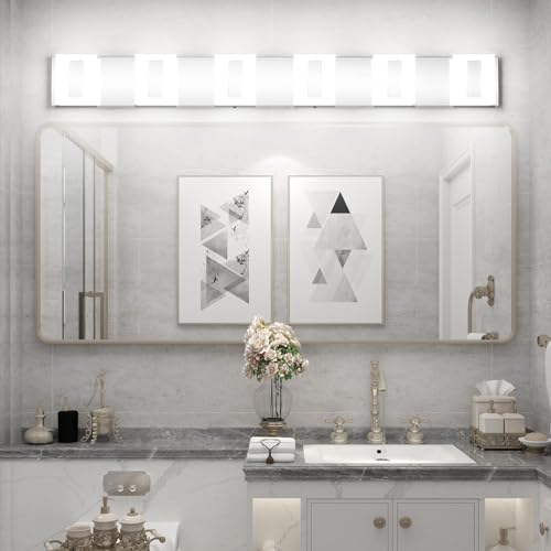 Image of Modern LED Chrome Vanity Lights Over Mirror, 6 Light Acrylic Stainless Steel Bathroom Lighting Fixtures for Bathroom, 6000K Cool Light