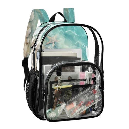Summer Beach Starfish and Seashell Clear Backpack - Stadium Approved Large 15.7-inch Waterproof Transparent Bag for Sports, Concerts, Work, Travel#5692