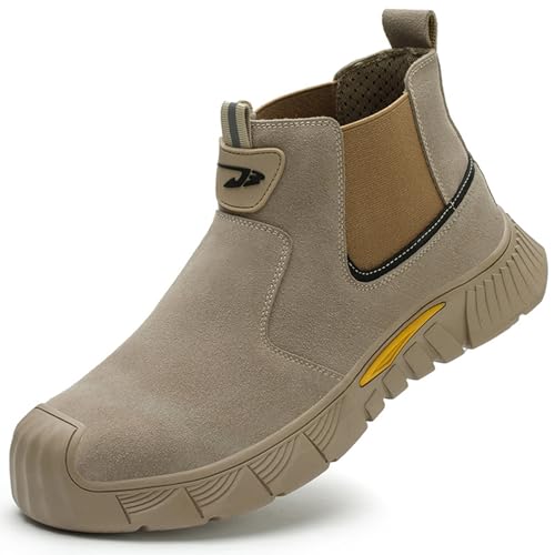 MlYJmer Botas de Seguridad Hombres Zapatos de Seguridad Anti-Smash Zapatos Hombres Botas de Trabajo Zapatos de Punta de Acero,Beige,44 EU