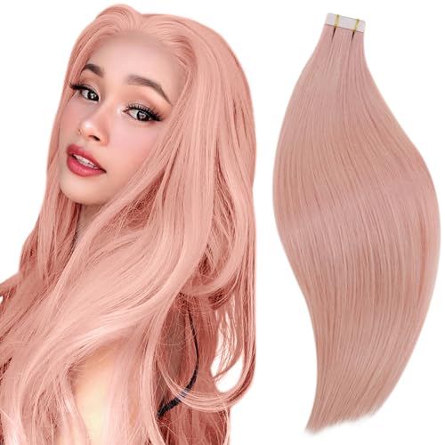 RUNATURE Tape in Hair Extensions Human Hair Pink Tape Hair Extensions Real Human Hair Colored LightPink Tape Hair 12 Inch 20 Gram 10pcs
