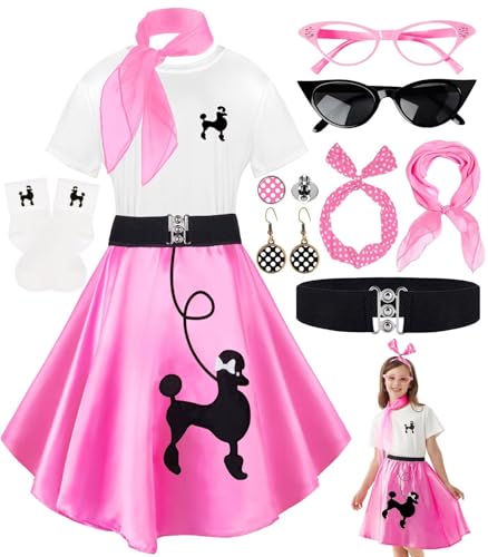 VillbeCoser 10Pcs Sock Hop Outfits Girls 50s Outfits for Kids Poodle Skirts T-Shirt with 1950s Accessories Socks Scarf Headband Belt Earring Halloween Party Dress Up (Pink-140)