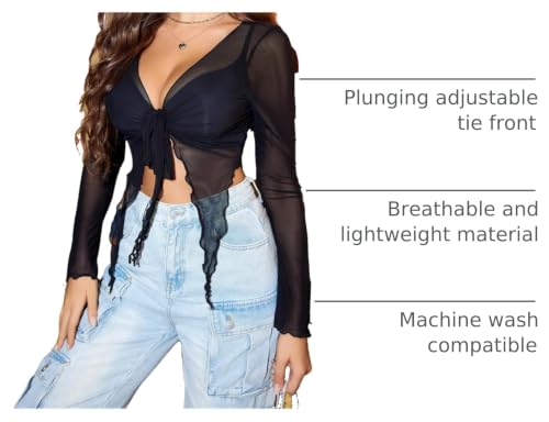 Image of Avidlove Women Mesh Crop Top Y2K Tie Front Tops Rave Top Sheer Cardigan Sexy V Neck Outfits S-2XL
