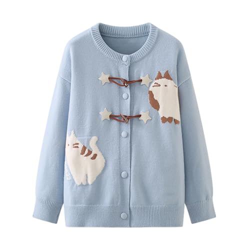 Cuteighteen Suéteres de gato para mujer, estilo japonés, casual, kawaii, divertido, estampado, cuello redondo, con botones, acogedores, abrigos de punto, Azul/claro, talla única