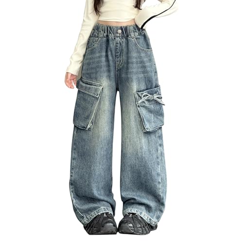 Cargo Pants for Girls Baggy Wide Leg Jeans Teen Washed Denim Pants High Elastic Waistband Straight with Pockets