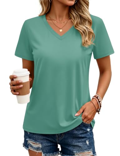 MAGCOMSEN Womens Short-Sleeve T-Shirt V-Neck Classic-Fit Breathable Cotton Shirt Basic Casual Tee Comfy Tops, Gray Green, M