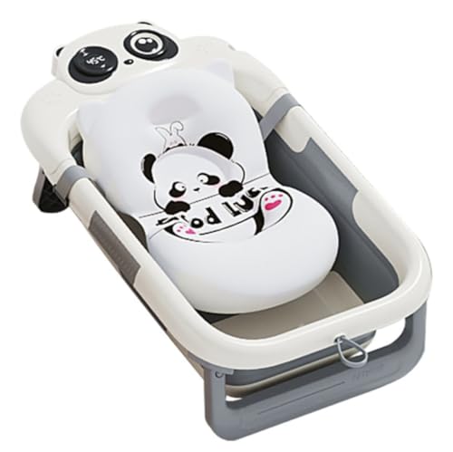 ベビーバス 折りたたみ式 湯温計付き 赤ちゃん 子供用風呂 0〜6歳 バスネット付き ベイビーバス 収納容易 省スペース 赤ちゃんに優しいPP素材 滑り止め設計 お風呂 ベビー用浴槽 (バスマット,パンダです薄い灰です)