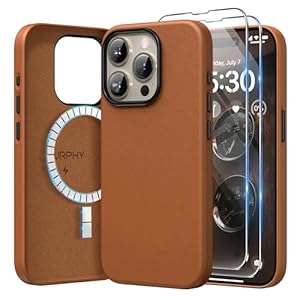 SURPHY Kunstmatig Leren Hoesje voor iPhone 15 Pro MAX Case, Hoesje (2×Screen Protector), Premium PU Lederen Cover (Metalen Knoppen & Microfiber Voering), Bruin