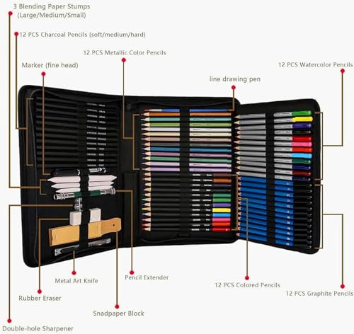 Image of Pieces Professional Drawing Pencils and Sketch Kit for Artist (72)