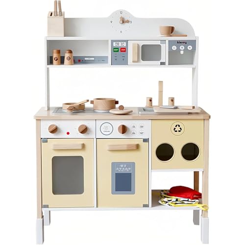 Eyawe おままごとキッチン 木製 調理器具 大容量収納キャビネット付き 組み立て式 贈り物 ミニキッチン 子供 誕生日 入学祝い 知育玩具 充実の付属品 豊富な組み合わせ (イエロー)