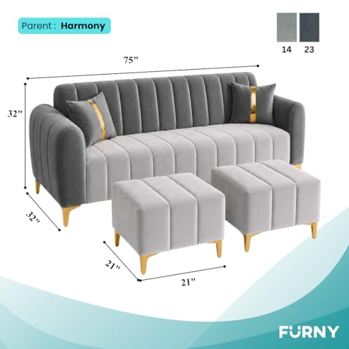 Image of FURNY Harmony 5 Seater L Shape Sofa Set with 2 Movable Ottoman & Golden Legs | Flexible Left or Right Layout | Plush Velvet Fabric (Dark Grey-Light Grey) | Perfect For Living Room, Guest Room & Office