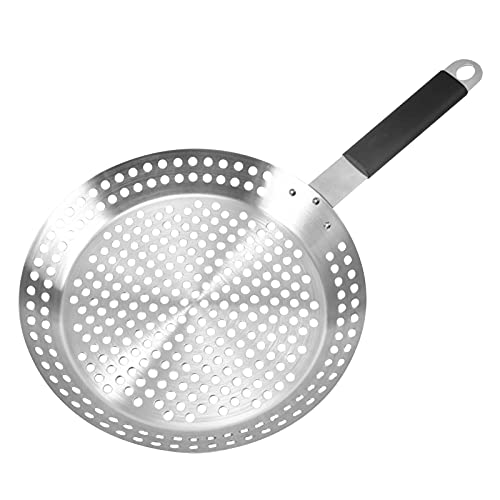 Decdeal Non-Stick Grill Skillet Stainless Steel Grilling Skillet Pan with Holes BBQ Frying Pan Heat Resistant Handle Outdoor Grill Barbecue Pan for Vegetables Seafood Meat