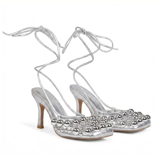Image of Saint Leia Women's 4IN High Heel Sandals Nude Stiletto Pumps with Gold Silver Pearls Heels for Weddings Parties and Evening Wear