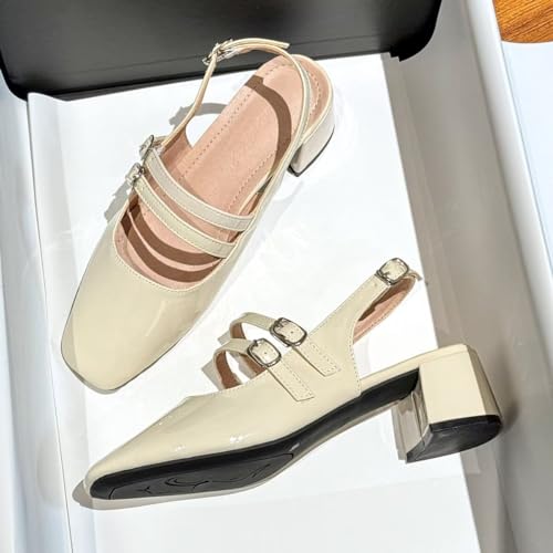 LUXINYU Women Solid Color Comfortable Microfiber Square Toe High Heels Two Metal Buckle Strap Block Chunky Low Heel Pumps Fashion Party Dress Shoes Office Shoes3
