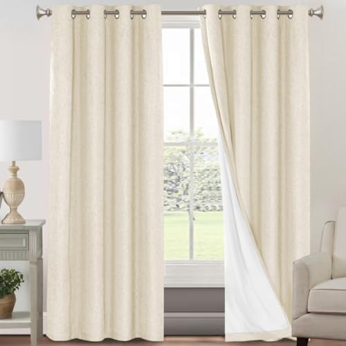 Image of PrinceDeco Linen Texture Curtains 100% Blackout Curtains 90 inch Long 2 Panels Set Full Blackout Linen Curtains with Thermal Insulated Liner Noise Reducing, 52 inch Wide,90 inch Length,Bleached Sand