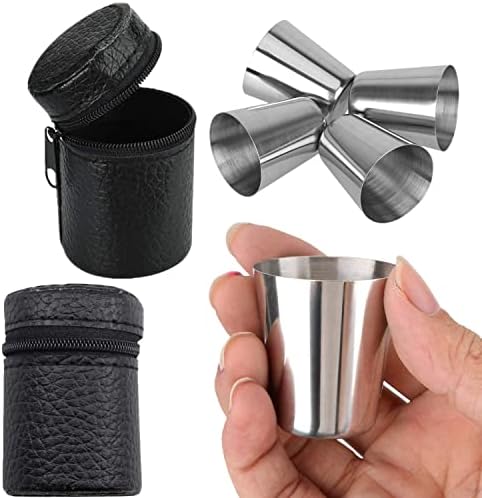 NA 4 Pcs 30ml Stainless Steel Shot Glasses Unbreakable Wine Glass Schnapps Cups with 1 Pcs Portable Black Leather Case Set for Hiking Picnic Camping Travel