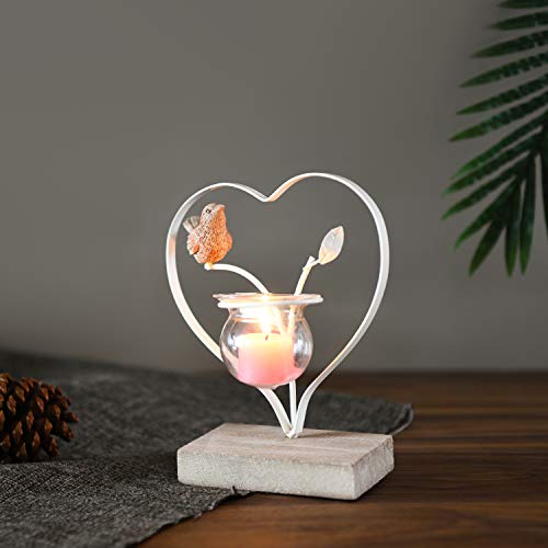 Marbrasse Votive Candle Holders, Vintage Home Decor Centerpiece, Iron Branches, Heart Shaped Resin Bird, Wood Base Tabletop Decorative Tealight Candle Stands (White) #TOP5