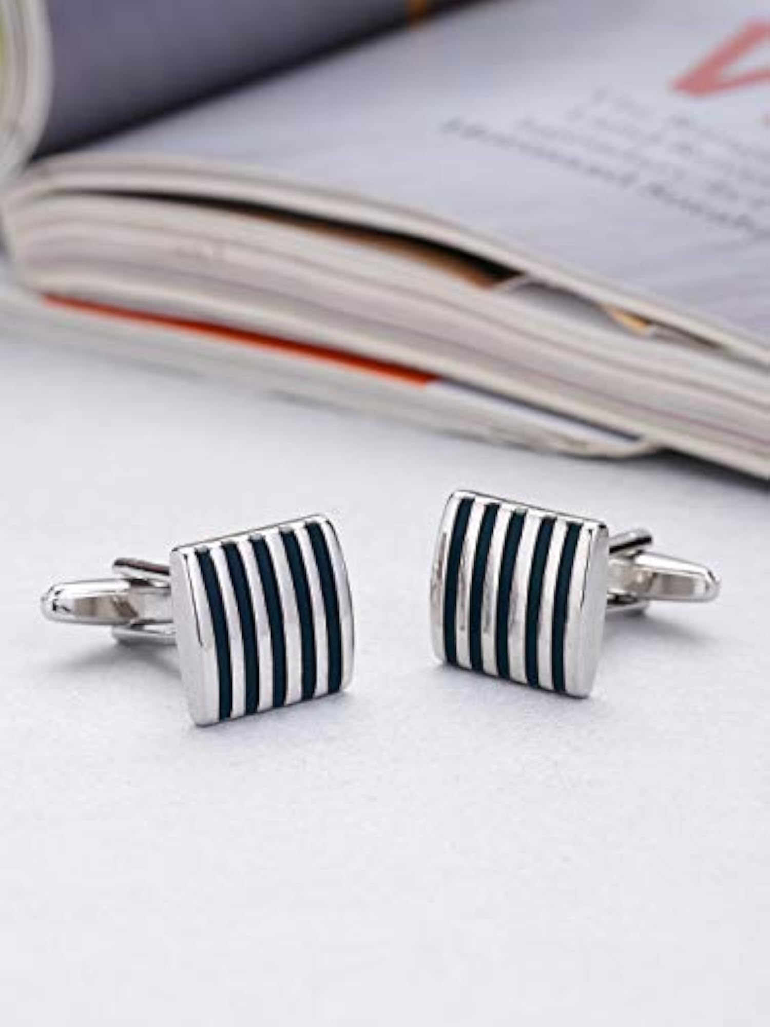Cufflinks for Men, Black Striped Enamel Finish