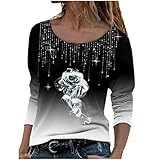 Tshirt Damen Set, Trendige Oberteile Damen Modisches T Shirt mit fünfzackigem Stern Motiv und heißem Bohren Sexy Pailletten Pullover Schulterfreie Sling Shirts Durchsichtige Tunika Bluse mit Langen