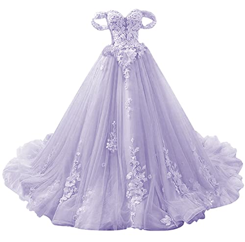 Prom Dress Lace Quinceanera Dresses Off Shoulder Tulle Formal Evening Gowns Princess Prom Dress Long Lavender