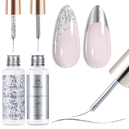 beetles Nail Art Gel Liner Polish- 2 Pcs Reflective Glitter Gel Nail Polish, Sliver Metallic Liner Nail Polish Glitter Sparkle Chrome Effect Metal Painted Nail Art Design Set