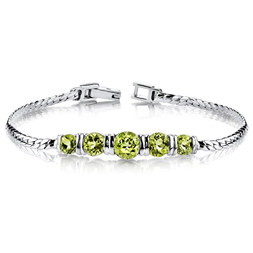 Peora Peridot 5-Stone Bracelet For Women 925 Sterling Silver, Natural Gemstone, 4.75 Carats Total Round Shape, 7 1/2 Inch Length #TOP17