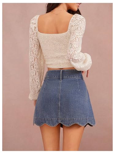 WDIRARA Women's High Waisted Button Front Scalloped Denim Skirt Aline Mini Jean Skirts4