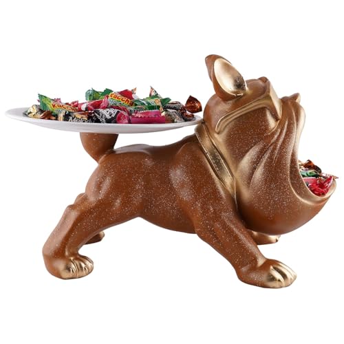 Image of Cool Bulldog Key Bowl & Accessory Tray - Matte Black & Gold Resin Dog Sculpture Multifunctional Organizer Showpiece for Keys Watches & Candy (Brown with Sprinkles, Dog with Tail Plate)
