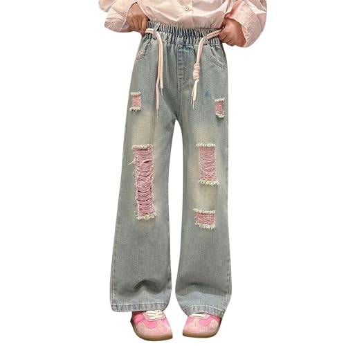Girls Fashion Ripped Denim Pants Distressed Casual Baggy Denim Trousers Retro Elastic High Waist Wide Leg Jeans