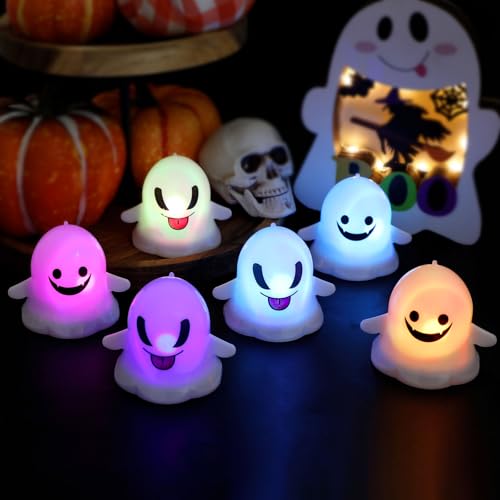 Image of KIMOBER Halloween Flameless Candles,6Pcs White Ghosts Colorful LED Candles for Indoor Halloween Decorations Home Halloween Decor