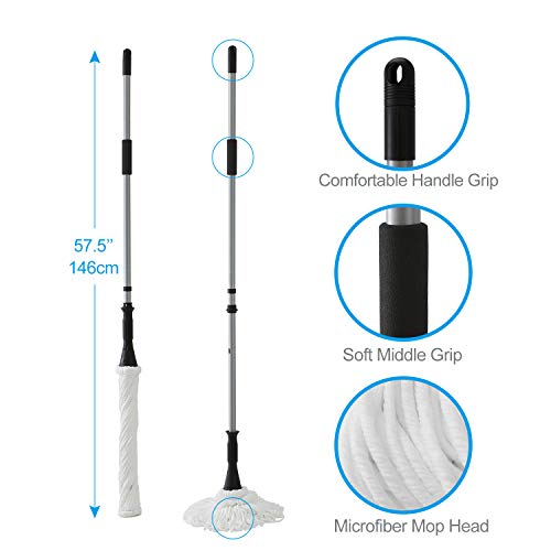 Eyliden Microfiber Twist Mop - Hand Release Washing Mop for Floor Cleaning - Dry&Wet Mops with Wringer, 2 Removable Washable Heads, 57.7inch Long Handle, Scouring Pad (White)