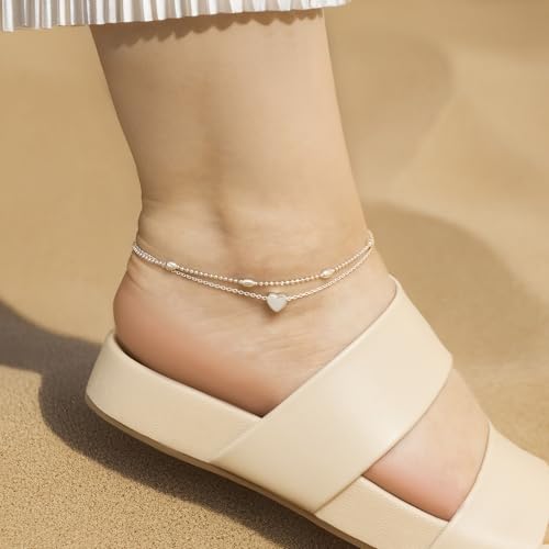 Image of Amberta Italian Sterling Silver Anklet for Women 925 | Adjustable Ankle Bracelets for Women Beaded Heart Summer Jewellery