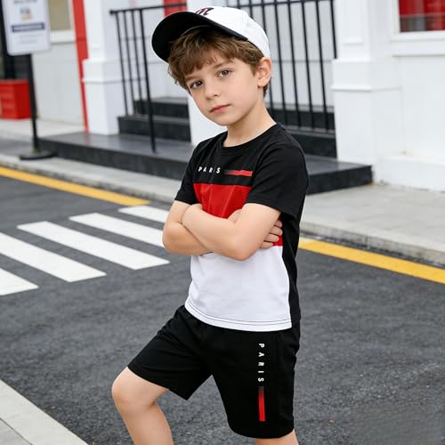 Image of Yoxindax Toddler Kid Boy Clothes Colorblock Letter Graphic Tee Shorts 2PC Summer Outfit Set