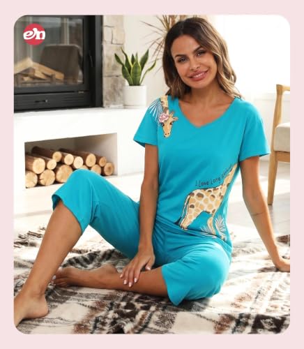 Image of ENJOYNIGHT Womens Pajama Sets Cotton Pj Set Short Sleeve Top With Capri Pants Sleepwear 2 Piece Lounge Set