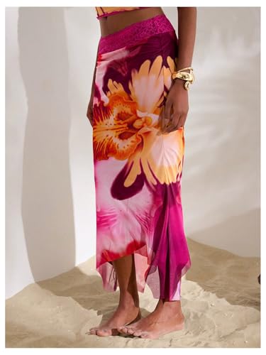 Milumia Women's Boho Floral Mesh Skirts Low Waisted Asymmetrical Hem Maxi Skirts2