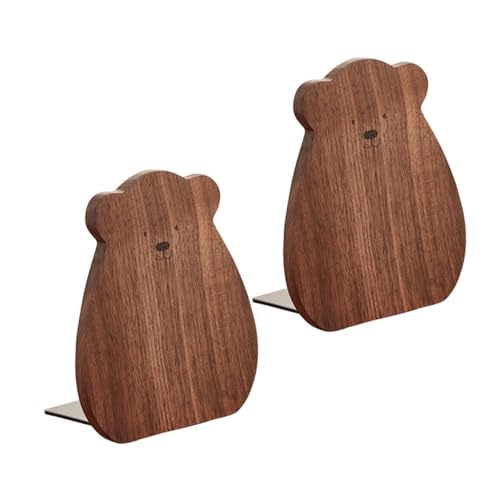 EXQUIMEUBLE 2個 実木製 かわいいクマ型ブックエンド 厚手 木製デスクトップスタンド 家用ファイル整理と雑誌収納に適した耐久性ブックスタンド