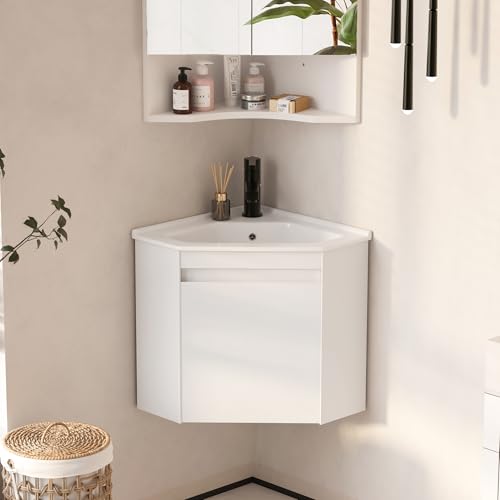 Mepplzian Corner Bathroom Vanity Sink Cabinet 24', Wall Mount Floating for Small Bathroom, White...
