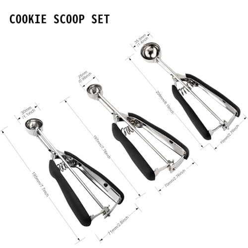 Small Cookie Scoop Set - 3 PCS Include 1 tsp / 2 tsp / 3tsp Cookie Dough Scoops, Cookies Scoops for Baking, Made of 18/8 Stainless Steel, Good Soft Grips, Quick Trigger Release